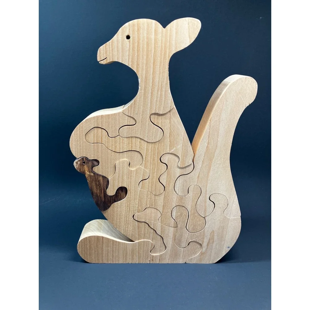 Wooden Jigsaw Puzzle Kangaroo with Joey 11.5in Natural Handcrafted Unbranded